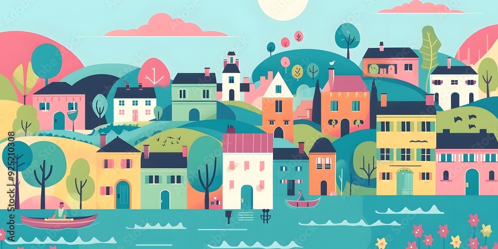 Charming Colorful Village Illustration Charming Colorful Village Illustration