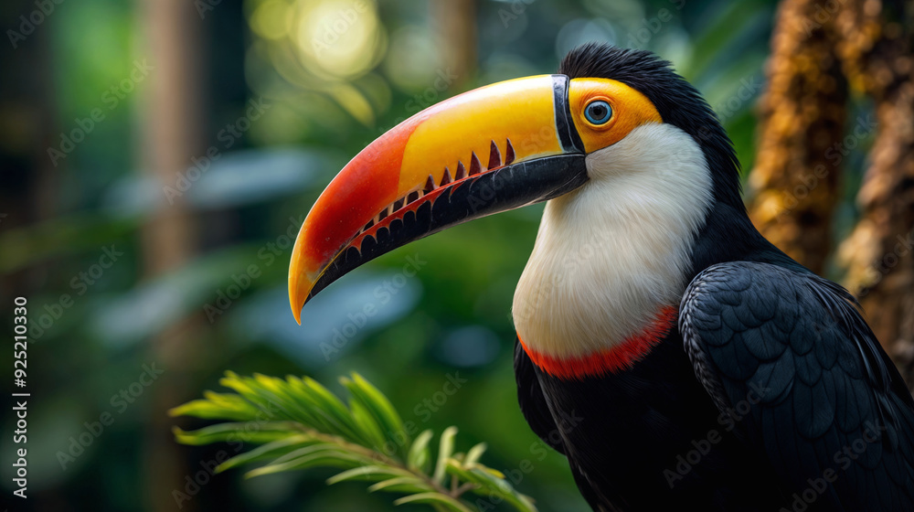 Naklejka premium Vibrant toucan with colorful beak perched in lush rainforest, close-up portrait showcasing exotic bird's striking features and tropical habitat