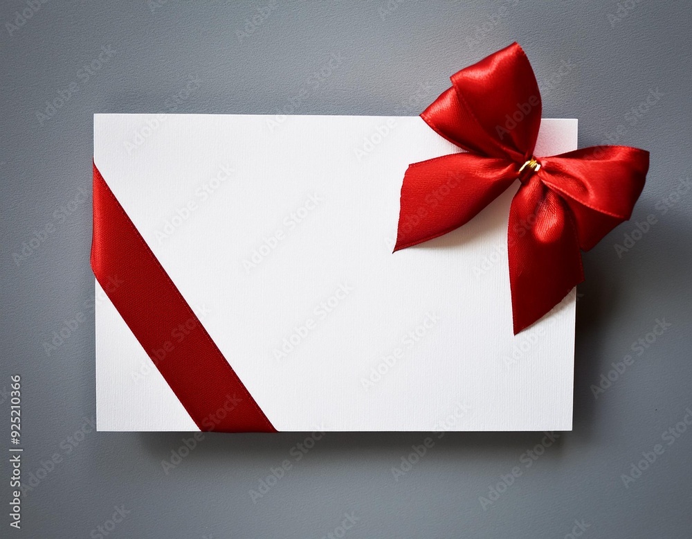 Blank white gift card with red ribbon bow isolated on grey background with shadow minimal design Blank white gift card with red ribbon bow isolated on grey background with shadow minimal design