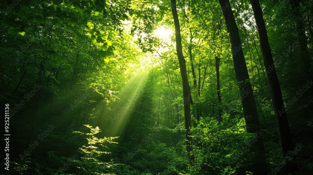 Obraz premium A lush forest filled with green deciduous trees, their leaves glowing in the warm sunlight