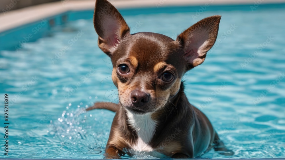Chocolate smooth coat chihuahua dog in the swimming pool Chocolate smooth coat chihuahua dog in the swimming pool