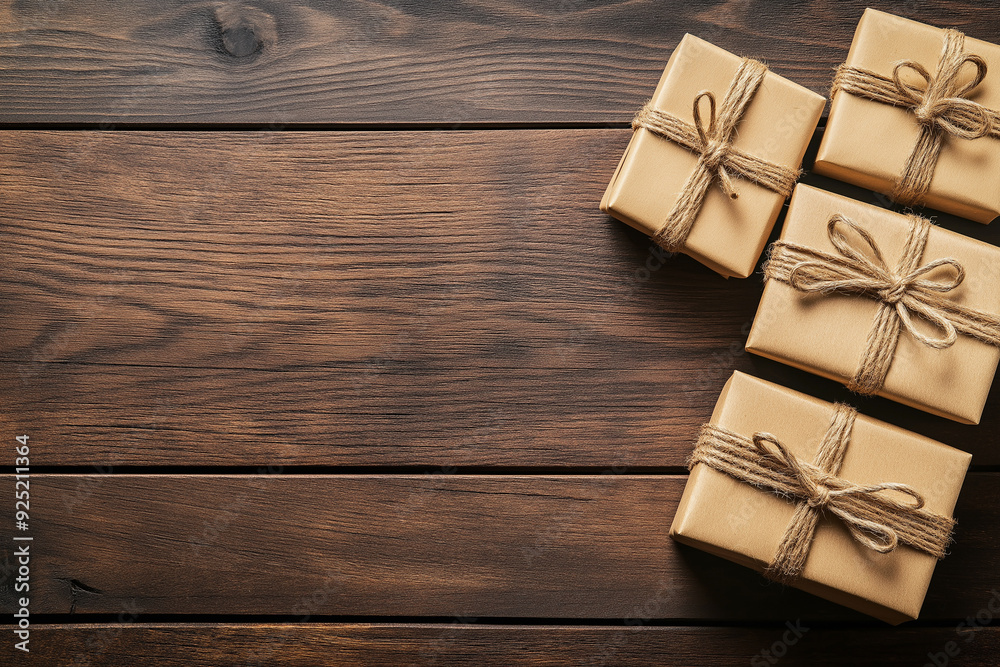 Fototapeta premium Four small brown gift boxes tied with twine on a wooden surface, conveying simplicity, handmade charm, and a rustic style, ideal for holiday or special occasion gift-giving.