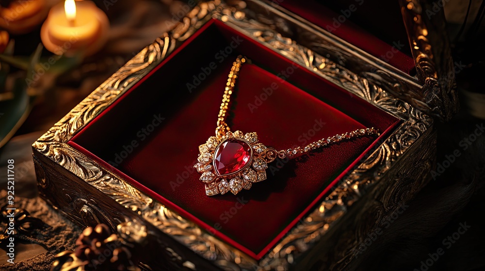 A luxurious red and gold necklace resting in a finely crafted box, with intricate details captured under warm lighting