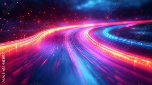 Colorful light trails swirl through a dark digital landscape at night