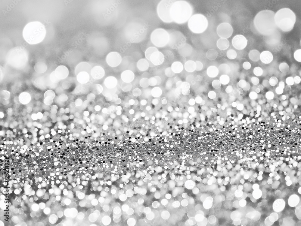 Monochromatic sparkling silver surface with bokeh lights, creating a festive and elegant atmosphere, ideal for celebration or luxury themes. Monochromatic sparkling silver surface with bokeh lights, creating a festive and elegant atmosphere, ideal for celebration or luxury themes.