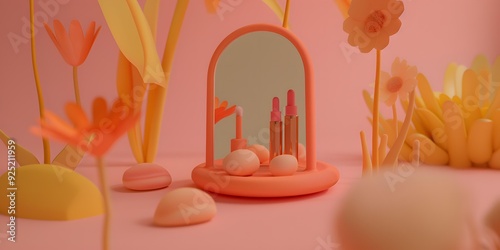 Pink and Yellow 3D Illustration of Makeup Products in a Garden