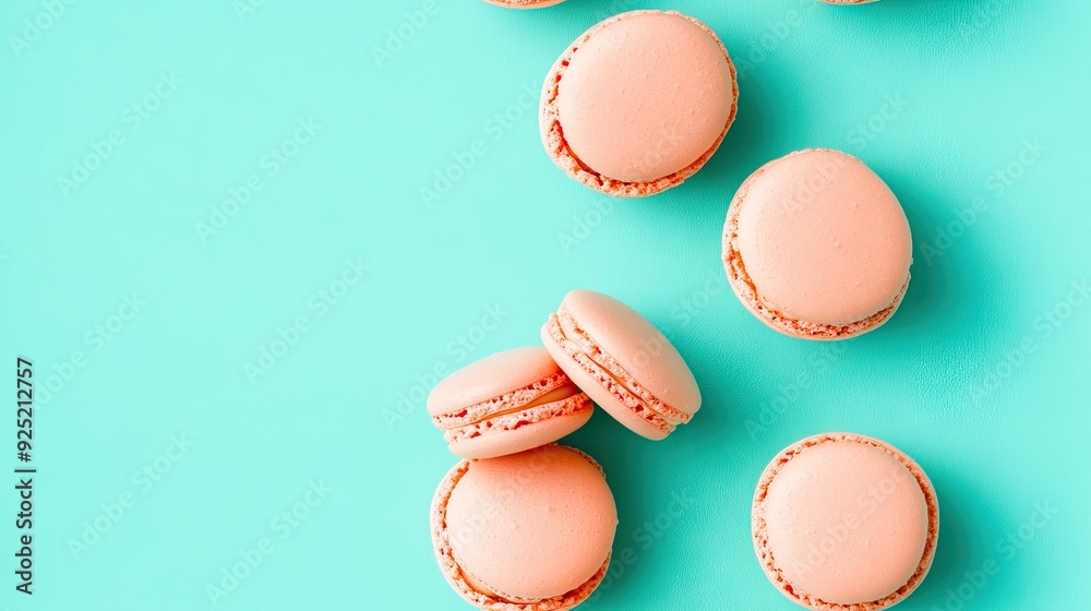 Delicious seamless pink macarons scattered on a vibrant turquoise background for a whimsical and minimalistic presentation Delicious seamless pink macarons scattered on a vibrant turquoise background for a whimsical and minimalistic presentation