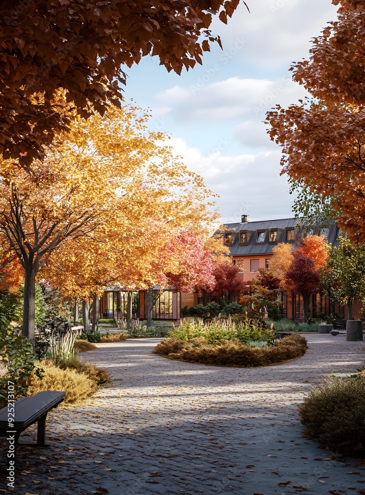 Naklejka premium Autumn Foliage Pathway with Brick Building in Background