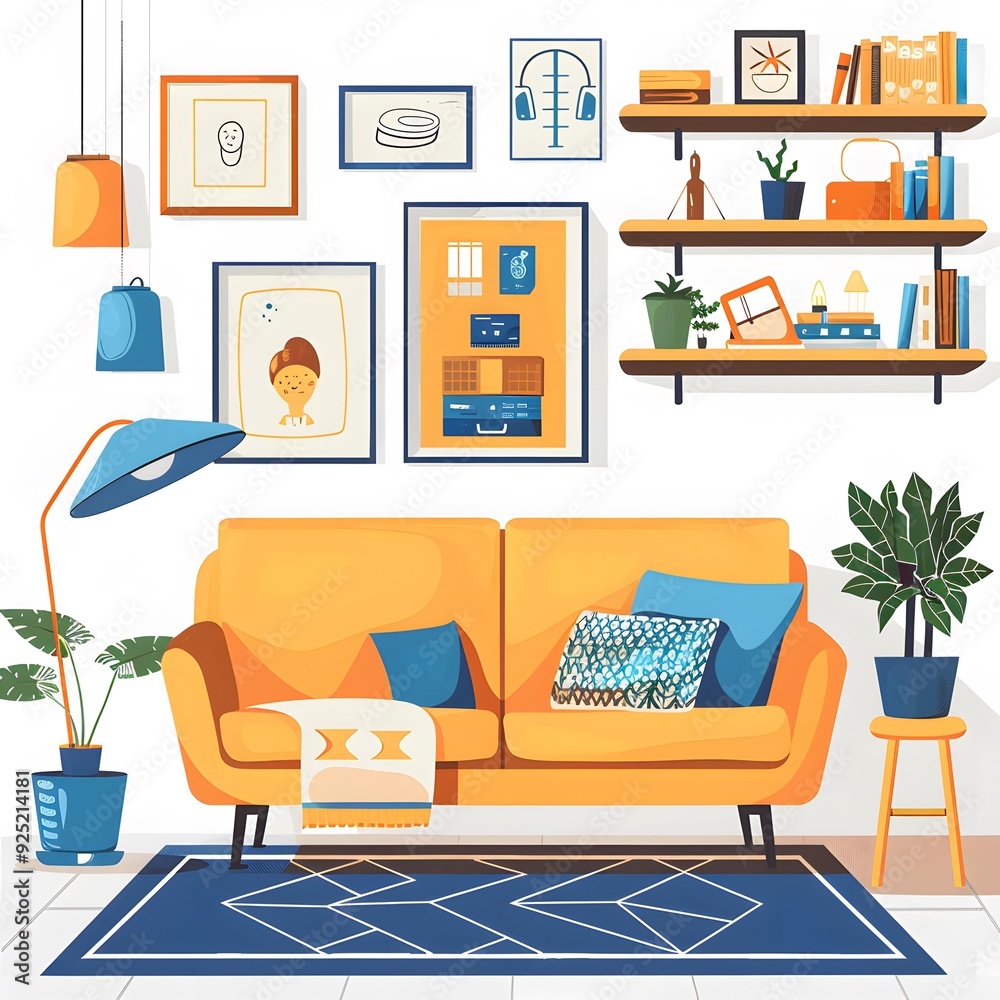 Fototapeta premium Modern Living Room Interior Design with Yellow Sofa and Blue Pillows