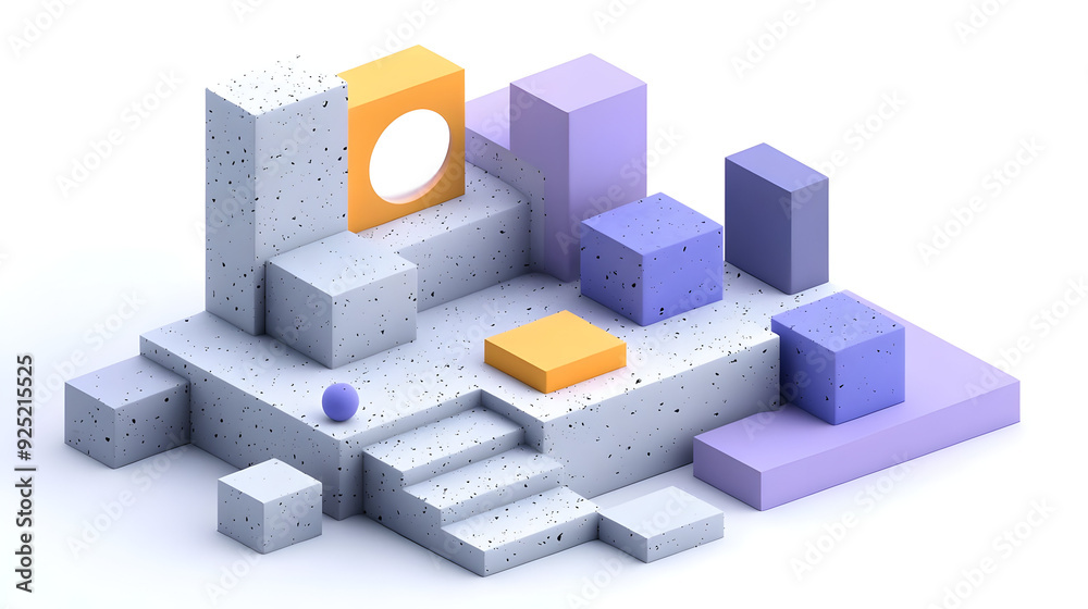 A 3D abstract composition featuring geometric shapes in pastel colors and textures. A 3D abstract composition featuring geometric shapes in pastel colors and textures.