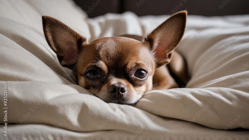 Chocolate smooth coat chihuahua dog lying on bed in the bedroom Chocolate smooth coat chihuahua dog lying on bed in the bedroom