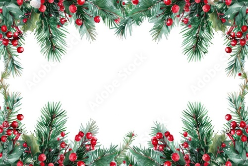 A Christmas banner with a lush border of pine branches and red berries along the top and bottom, leaving a large copy space in the center for a holiday greeting or message