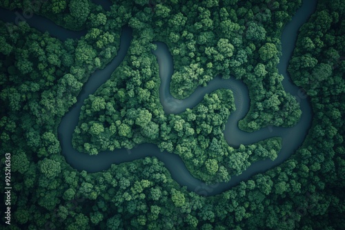 Winding river through dense forest captured from above at twilight