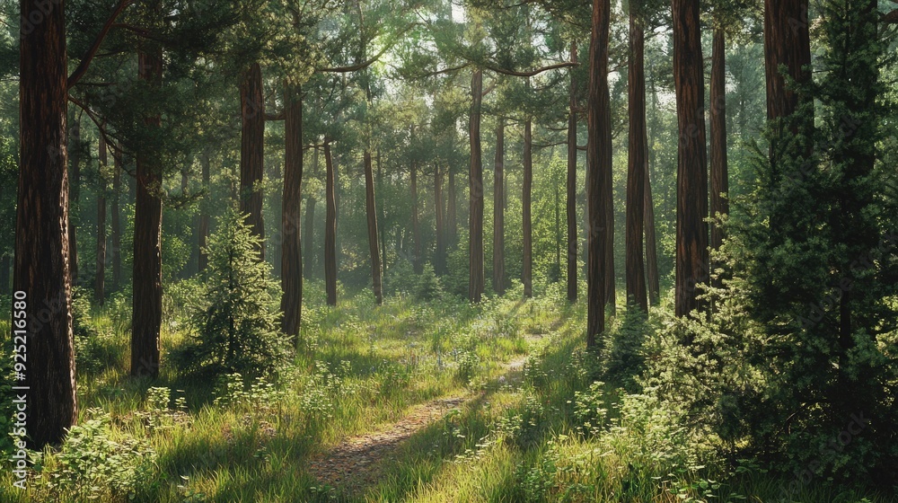 Fototapeta premium A peaceful forest with a mix of pine and spruce trees, offering a natural, tranquil atmosphere