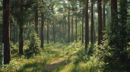 A peaceful forest with a mix of pine and spruce trees, offering a natural, tranquil atmosphere