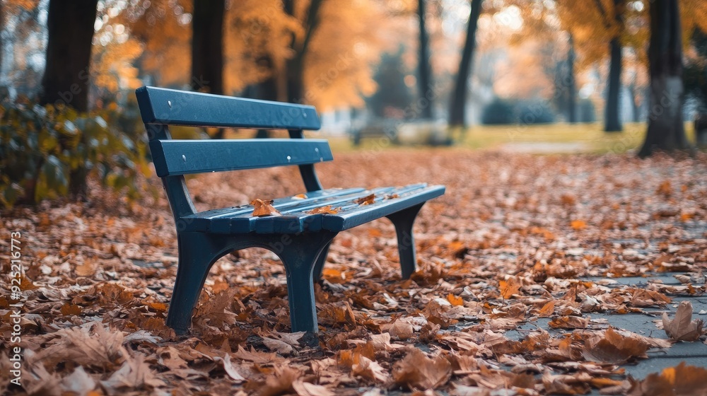 A peaceful park setting with a blue bench among scattered autumn leaves, with the warm colors of fall filling the background