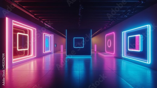 Digital sponsorship banners integrated into a virtual reality art exhibition, featuring animated logos and immersive 3D environments, glowing cyan and magenta hues