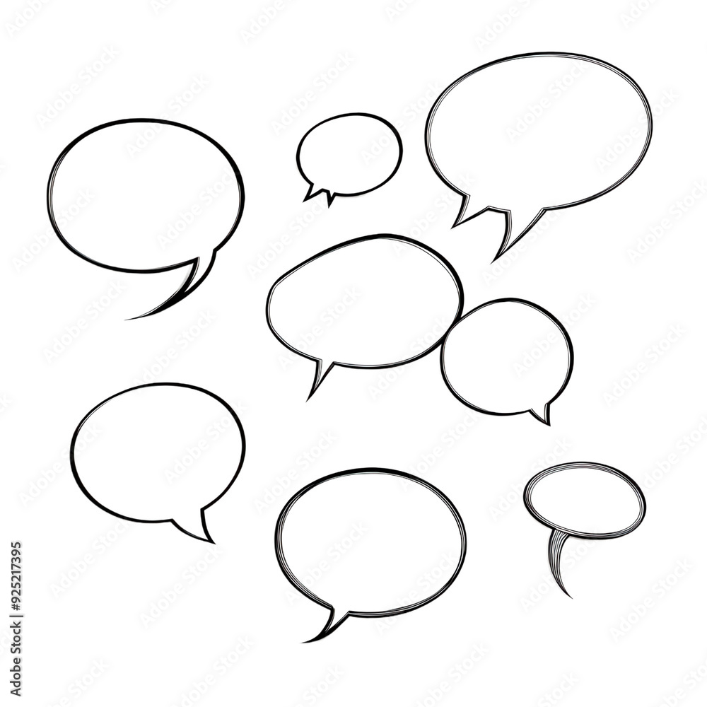A set of speech bubbles with black outlines, varying in size and shape, isolated on a white background, ready for customization.
A set of speech bubbles with black outlines, varying in size and shape, isolated on a white background, ready for customization.