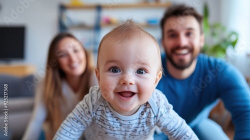 Smiling Baby Crawling Toward Camera with Parents in Background
