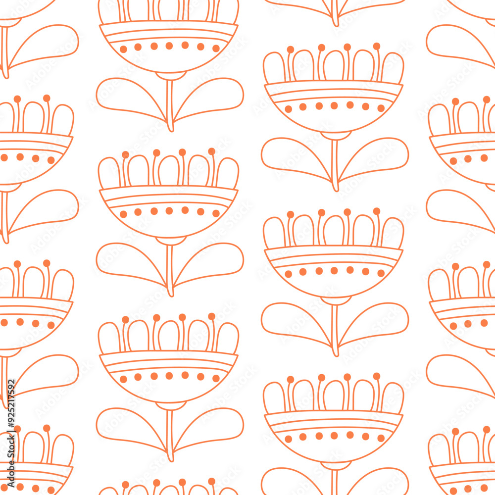 Doodle red flowers on a white. Naive seamless pattern. Vector illustration. Print for fabric, wrapping paper, kitchen textile.