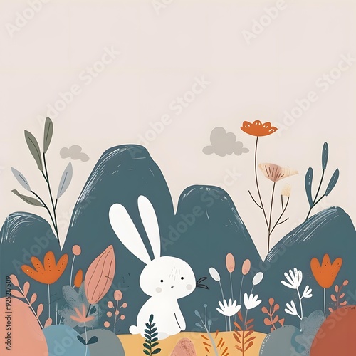 Cute Bunny in a Flower Garden Illustration