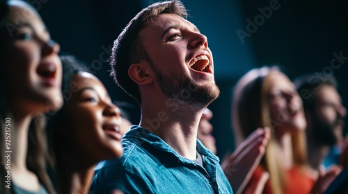A choir director passionately leading a group of diverse singers in a rehearsal, with an emphasis on their facial expressions and engagement