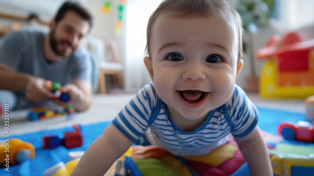 Happy Baby Crawling on Playmat with Father in Background Happy Baby Crawling on Playmat with Father in Background