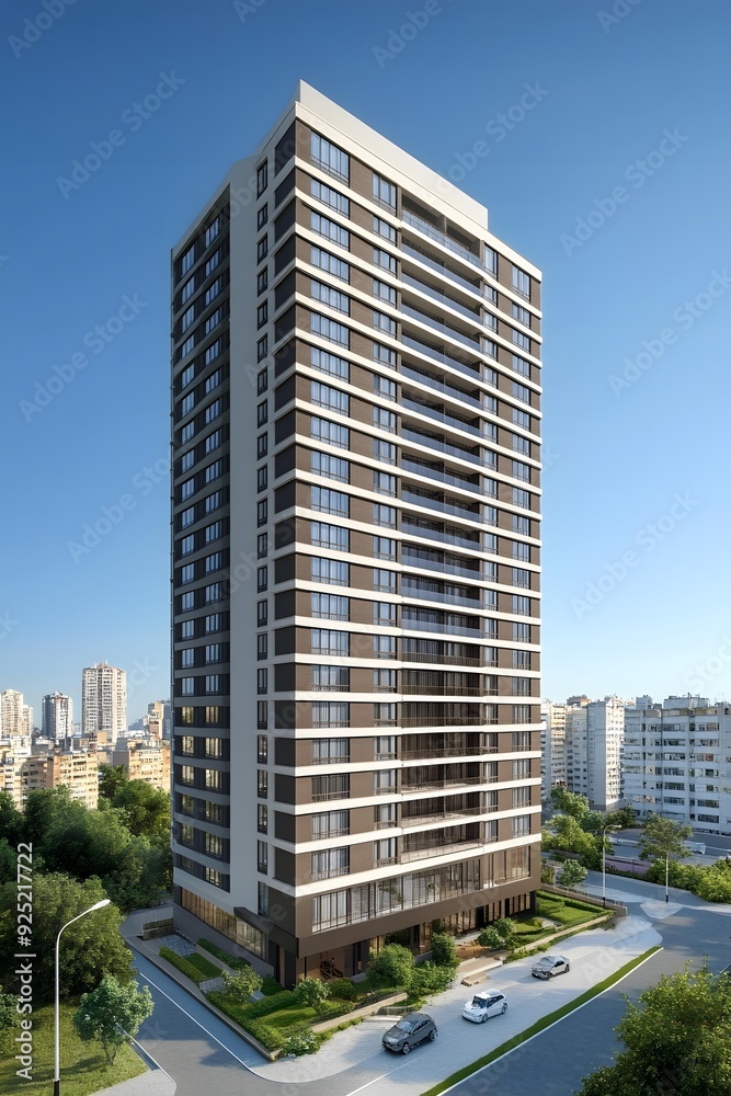 Modern Apartment Building Exterior With Cityscape In Background Modern Apartment Building Exterior With Cityscape In Background