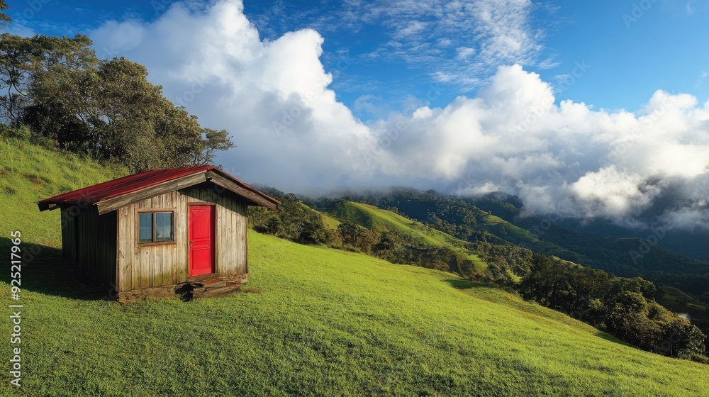 A picturesque view of a tiny house with a red door, sitting on a lush, grassy hillside, with rolling clouds in the distance A picturesque view of a tiny house with a red door, sitting on a lush, grassy hillside, with rolling clouds in the distance