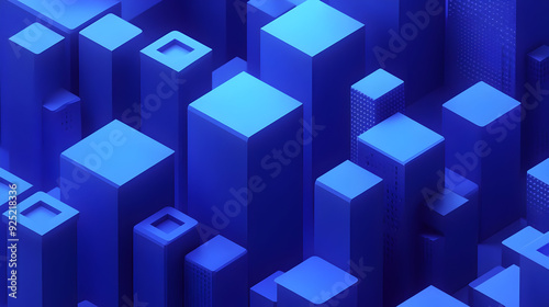 A 3D abstract representation of urban buildings in shades of blue.