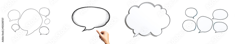 A hand drawing different speech bubbles in various shapes and sizes, isolated on a white background, perfect for creative and brainstorming design concepts.
A hand drawing different speech bubbles in various shapes and sizes, isolated on a white background, perfect for creative and brainstorming design concepts.