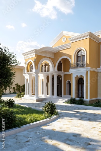 Classic Style Yellow Mansion With Columns And Archways