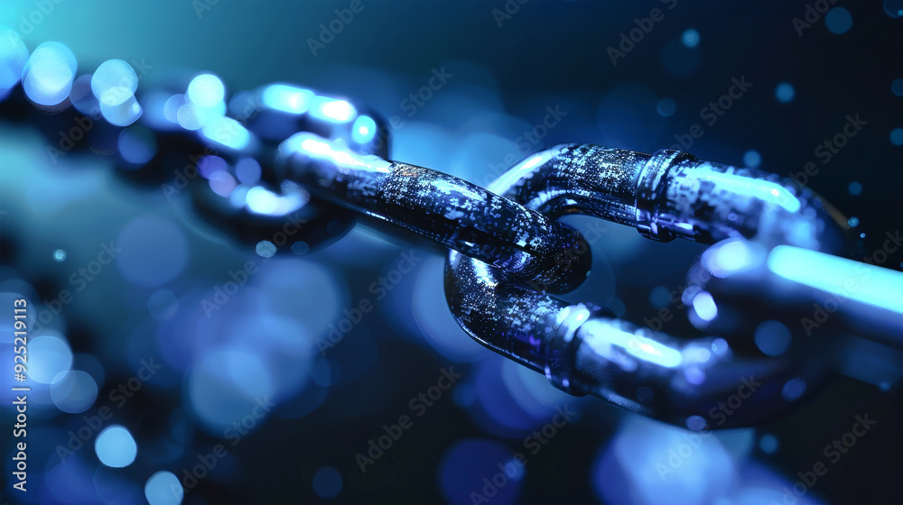 A striking visual of a 3D chain linked together in a blurred blue background, conveying the essence of cybersecurity and digital innovation A striking visual of a 3D chain linked together in a blurred blue background, conveying the essence of cybersecurity and digital innovation