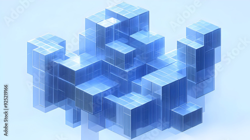 A 3D abstract structure composed of translucent blue blocks, resembling a digital landscape.