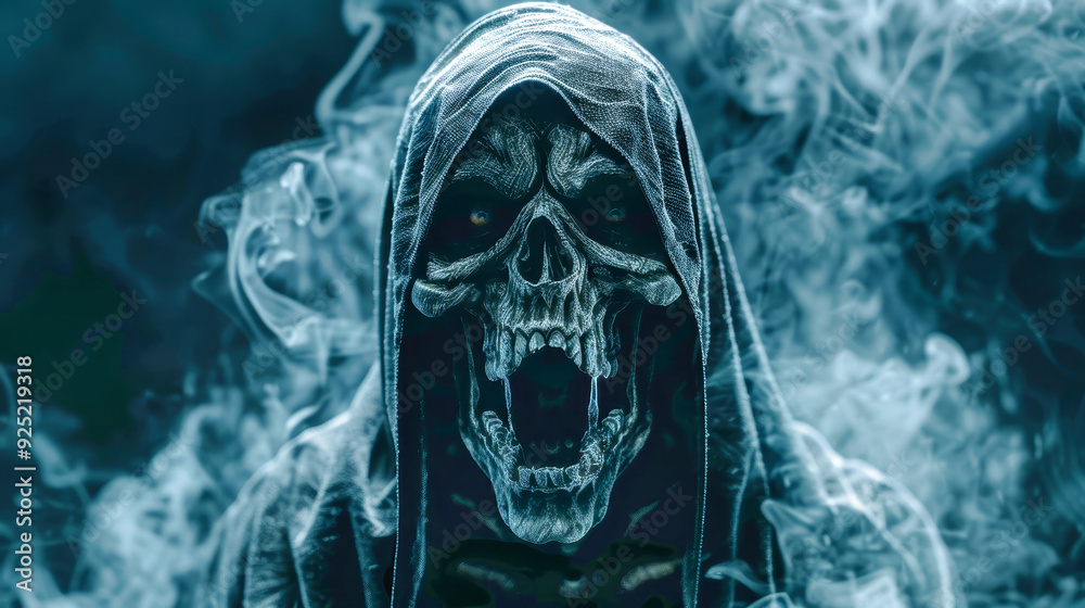 A dark reaper in a flowing cloak howls menacingly, revealing a haunting skull face against a backdrop of swirling shadows A dark reaper in a flowing cloak howls menacingly, revealing a haunting skull face against a backdrop of swirling shadows