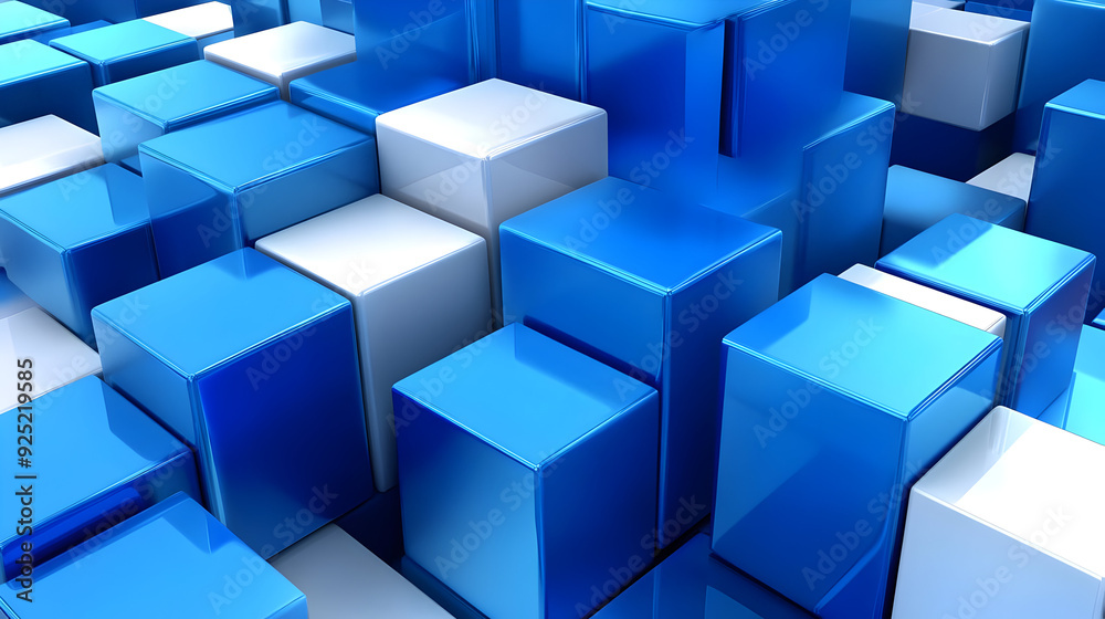 A 3D arrangement of blue and white cubes creating a modern, abstract design. A 3D arrangement of blue and white cubes creating a modern, abstract design.