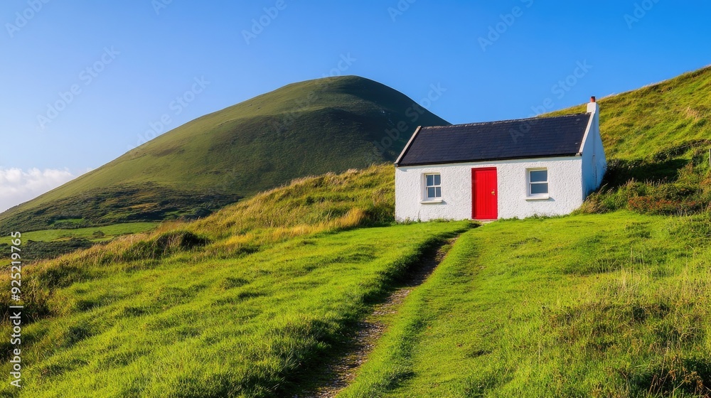A quaint small house with a bright red door, nestled on a green hillside, with a clear blue sky above A quaint small house with a bright red door, nestled on a green hillside, with a clear blue sky above