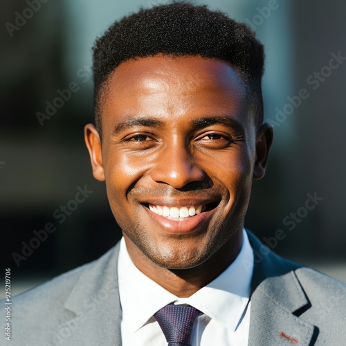 A vibrant and appealing young African man is captured in a headshot, presenting a front portrait. He exudes happiness and positivity as an attractive male entrepreneur and startup leader, dressed casu photo