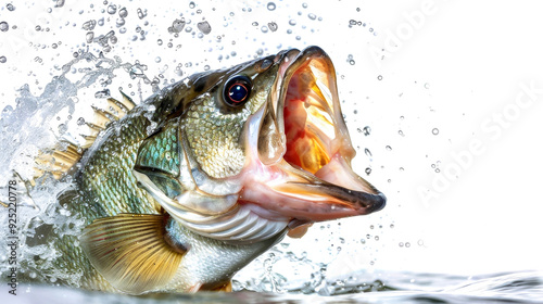 A river bass bursts from the water, its mouth wide open, water splashing dramatically against a clean white background