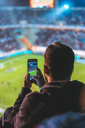 Promoting sports betting. Mobile phone screen in man’s hand with football field in background, celebrating win. photo