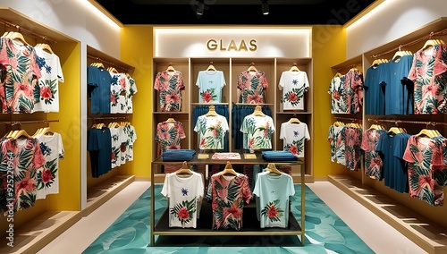 Tropical floral t-shirts displayed in a glaas shop . Concept Fashion Display inside a store created with generative ai. photo