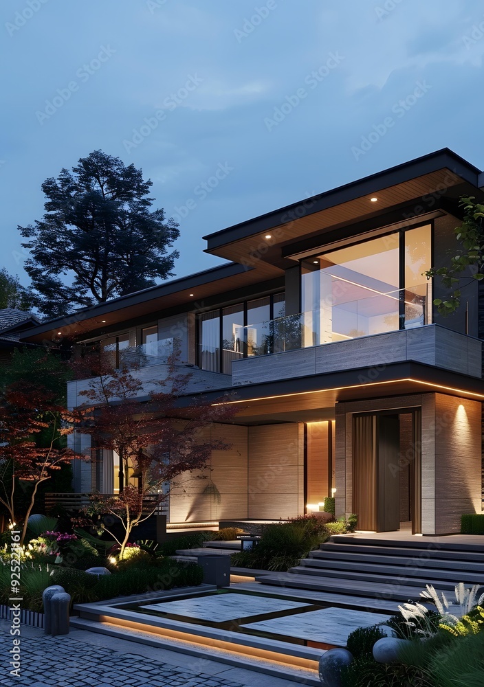 Modern House Exterior Design with Stone Facade and Landscape Lighting Modern House Exterior Design with Stone Facade and Landscape Lighting
