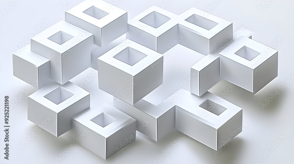 A 3D arrangement of white geometric shapes with hollow centers, creating an abstract design.