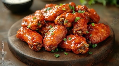 Spicy and crispy chicken wings coated in a tangy sauce, commonly enjoyed as a popular appetizer or snack during gatherings and sports events. photo