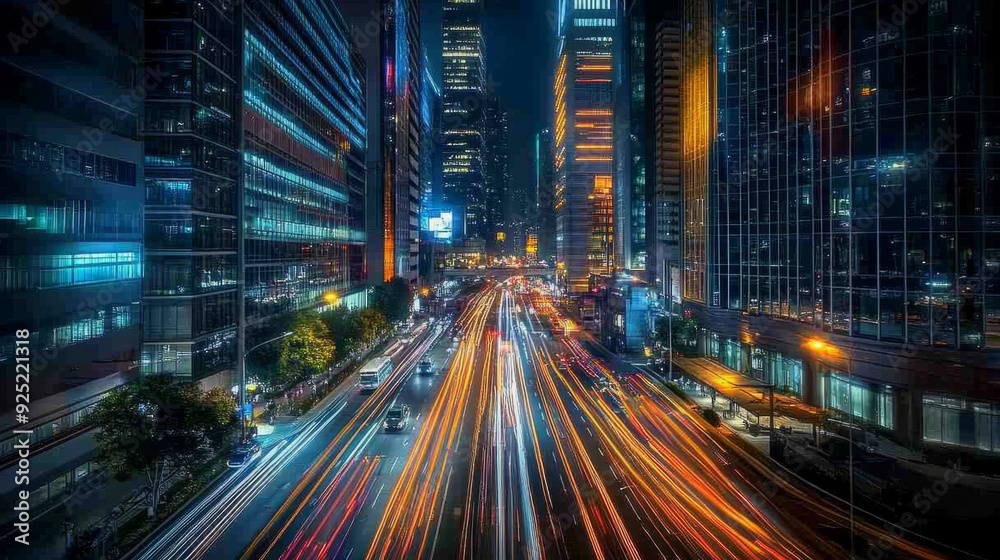 Obraz premium Night Lights of the Metropolis: Long Exposure Photography Captures City Life