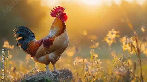 rooster crowing at sunrise in a sunlit field, symbolizing the start of the day