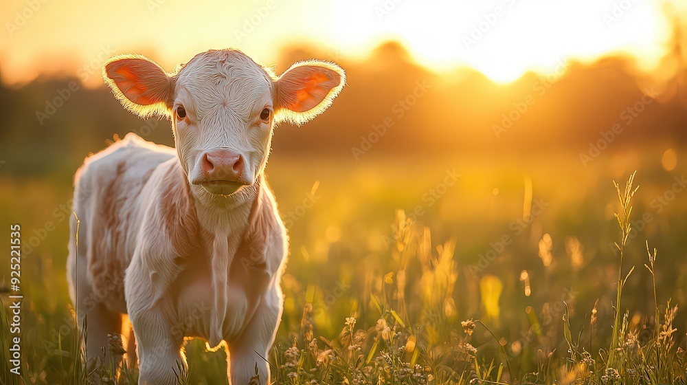 Young calf standing in a sunlit field during sunset.
Young calf standing in a sunlit field during sunset.