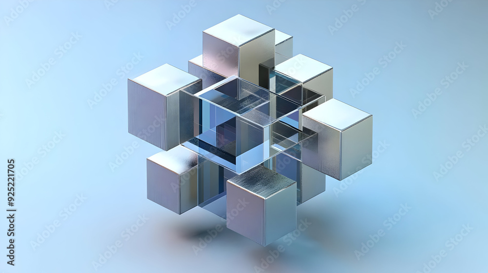 A 3D geometric structure composed of transparent and metallic cubes.