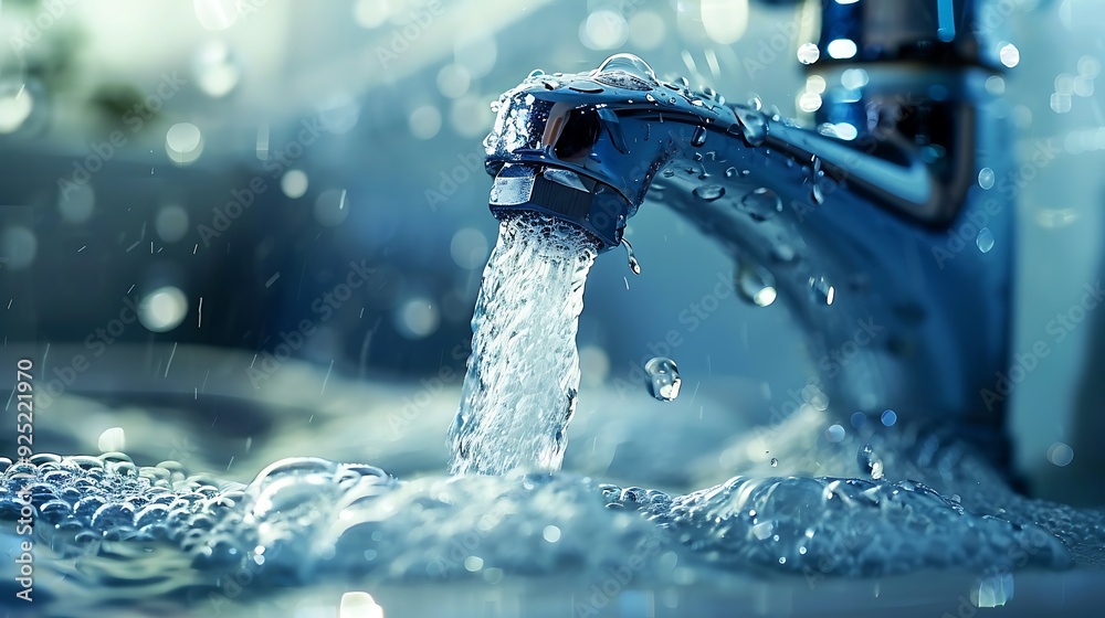 Blue toned faucet with pouring water Blue toned faucet with pouring water