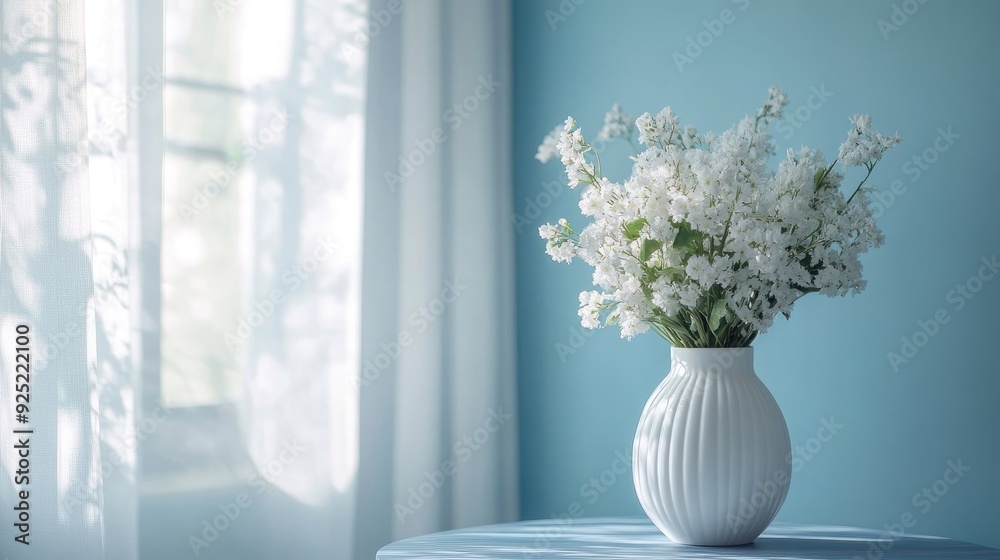 A serene blue room with a large window, letting in natural light, and a white vase with fresh flowers on a table A serene blue room with a large window, letting in natural light, and a white vase with fresh flowers on a table